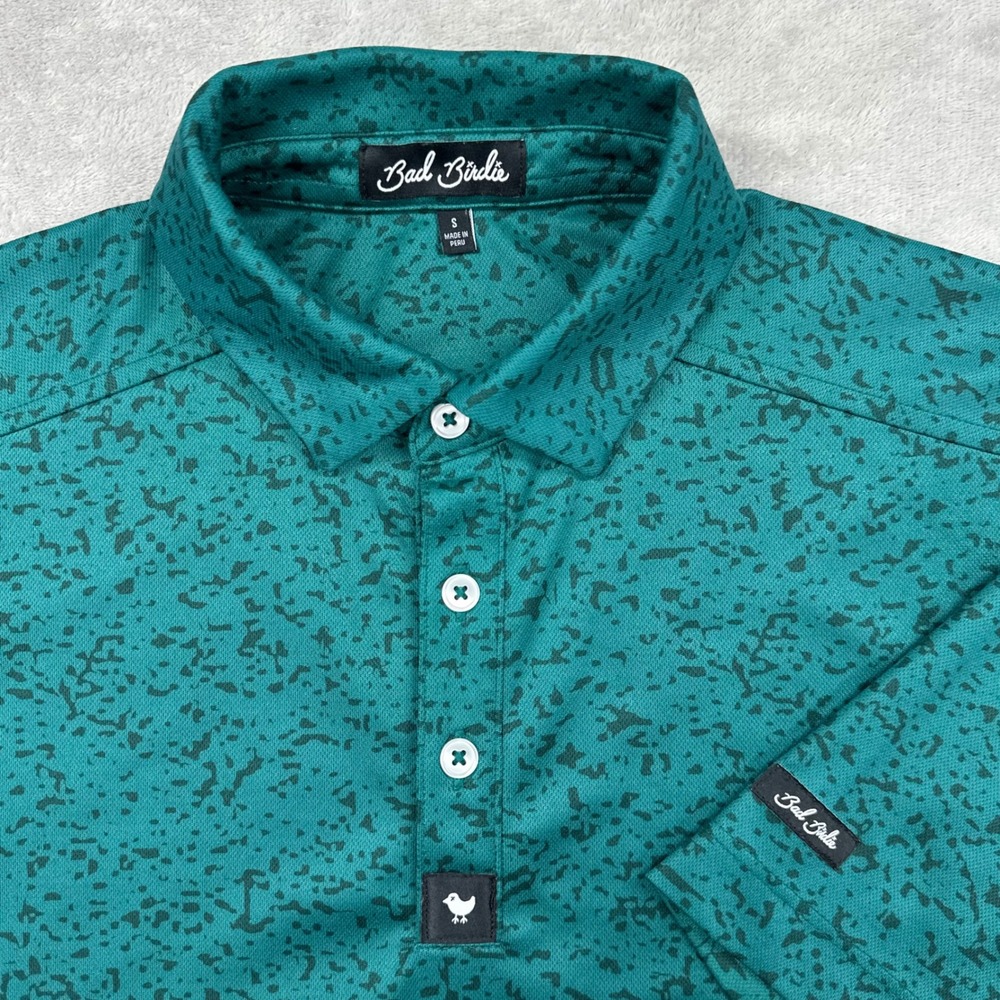 Bad Birdie Polo Shirt Mens Small Teal Green Abstract Splatter Golf Performance
